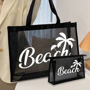 2 Piece Set Black Mesh Beach Tote Bag + Cosmetic Bag